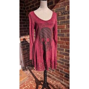 VOCAL Embellished Skull Red Mineral Washed Dress Crochet Y2K Whimsi Goth USA-L